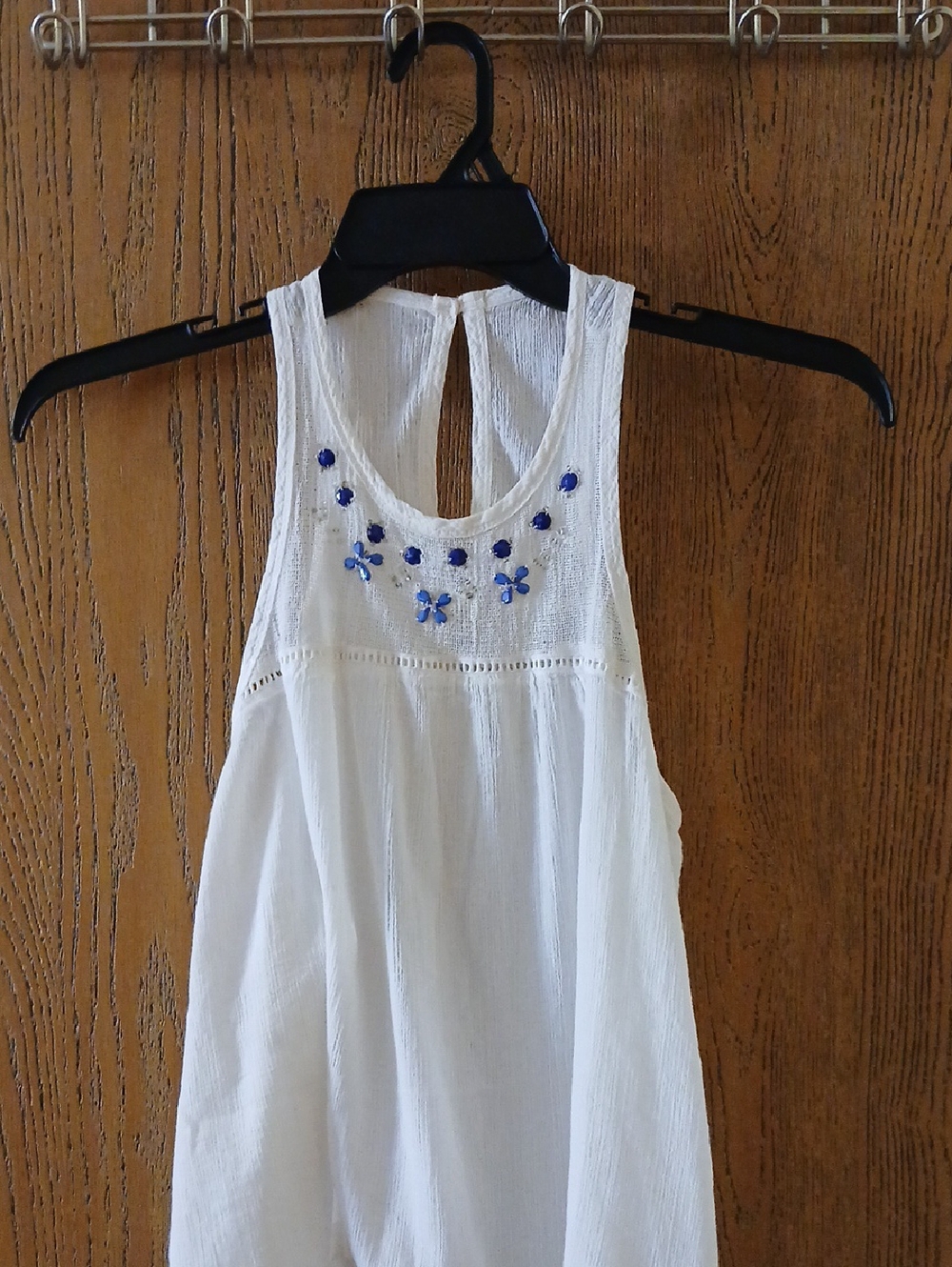 Hollister White Racerback Camisole with Blue Embroidery